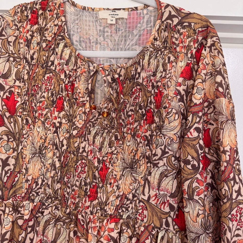 Entro Floral Smocked Mini Dress Long Sleeve Boho Tan Red Brown D21560 Womens M - Picture 3 of 9